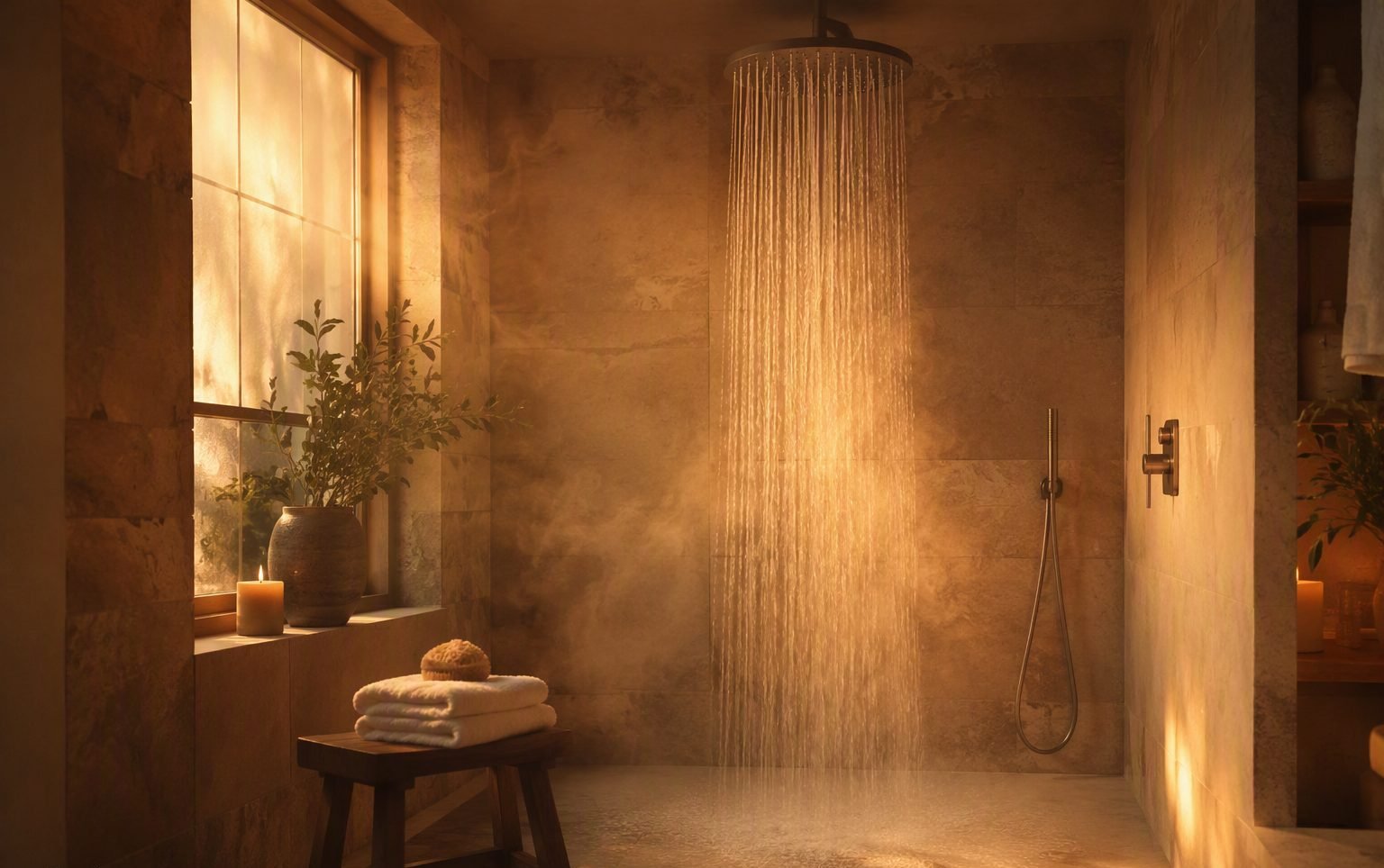 Douche chaude et détendue dans une salle de bain moderne