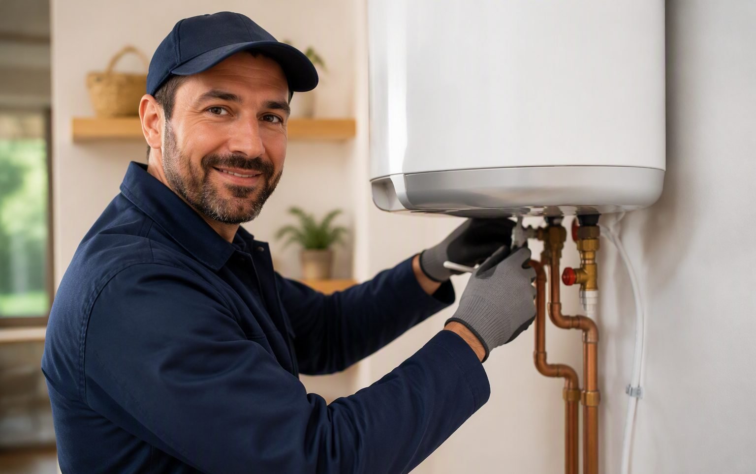 Installateur chauffagiste réglant un chauffe-eau chez un client