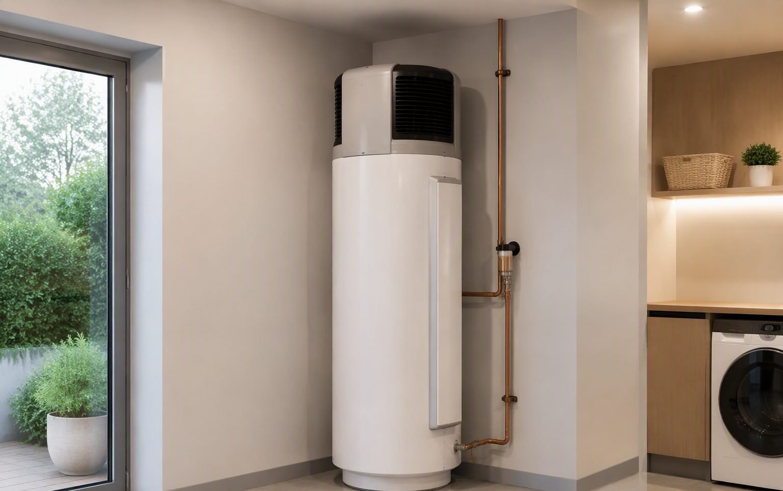 Chauffe-eau thermodynamique installé dans une buanderie